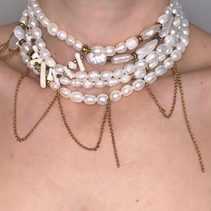 Baroque Pearl Necklace with Gold Chain – Layered Beach Bridal & Fresh Pearl Choker – Handmade Jewelry