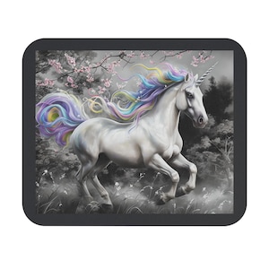 Rainbow Unicorn Mouse Pad, Fantasy Desk Mat, Magical Office Decor, Soft Black Grey Gaming Mousepad, Cute Kawaii Unicorn Gift, Trendy Laptop