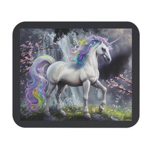 Rainbow Unicorn Mouse Pad, Fantasy Desk Mat, Magical Office Decor, Soft Black Grey Gaming Mousepad, Cute Kawaii Unicorn Gift, Trendy Laptop