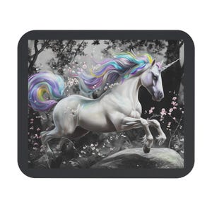 Rainbow Unicorn Mouse Pad, Fantasy Desk Mat, Magical Office Decor, Soft Black Grey Gaming Mousepad, Cute Kawaii Unicorn Gift, Trendy Laptop