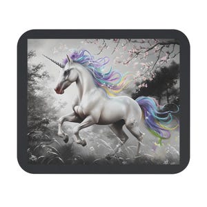 Rainbow Unicorn Mouse Pad, Fantasy Desk Mat, Magical Office Decor, Soft Black Grey Gaming Mousepad, Cute Kawaii Unicorn Gift, Trendy Laptop