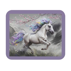Rainbow Unicorn Mouse Pad, Fantasy Desk Mat, Magical Office Decor, Soft Black Grey Gaming Mousepad, Cute Kawaii Unicorn Gift, Trendy Laptop