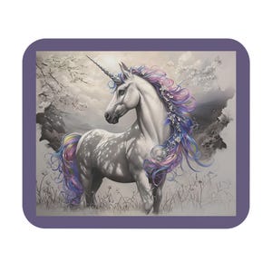 Rainbow Unicorn Mouse Pad, Fantasy Desk Mat, Magical Office Decor, Soft Black Grey Gaming Mousepad, Cute Kawaii Unicorn Gift, Trendy Laptop