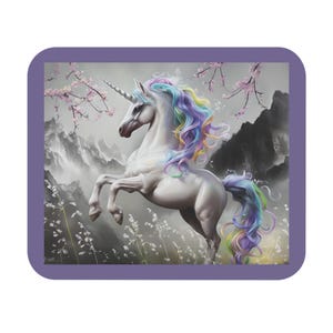 Rainbow Unicorn Mouse Pad, Fantasy Desk Mat, Magical Office Decor, Soft Black Grey Gaming Mousepad, Cute Kawaii Unicorn Gift, Trendy Laptop