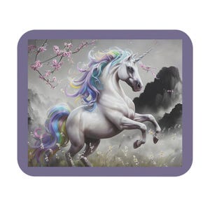 Rainbow Unicorn Mouse Pad, Fantasy Desk Mat, Magical Office Decor, Soft Black Grey Gaming Mousepad, Cute Kawaii Unicorn Gift, Trendy Laptop