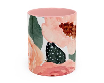 Chinoiserie Floral Ceramic Mug: Pink Coffee Cup, Botanical Drinkware