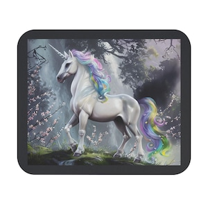 Rainbow Unicorn Mouse Pad, Fantasy Desk Mat, Magical Office Decor, Soft Black Grey Gaming Mousepad, Cute Kawaii Unicorn Gift, Trendy Laptop