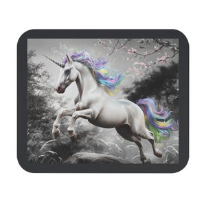 Rainbow Unicorn Mouse Pad, Fantasy Desk Mat, Magical Office Decor, Soft Black Grey Gaming Mousepad, Cute Kawaii Unicorn Gift, Trendy Laptop