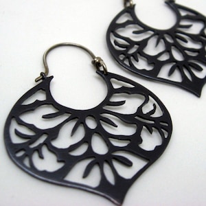 Black copper earrings with japanese floral pattern sterling silver hooks image 1