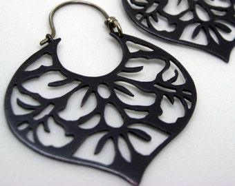 Black copper earrings with japanese floral pattern sterling silver hooks