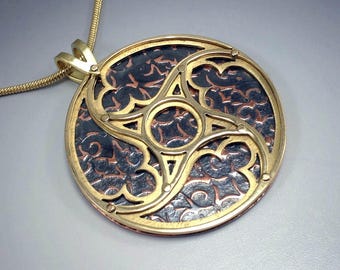 Cathedral Window Medieval Gothic Tracery Pendant in Brass and Copper