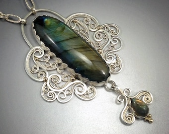 Ophelia's Tear Exquisite Sterling Silver and 10K Gold Labradorite Filigree Necklace