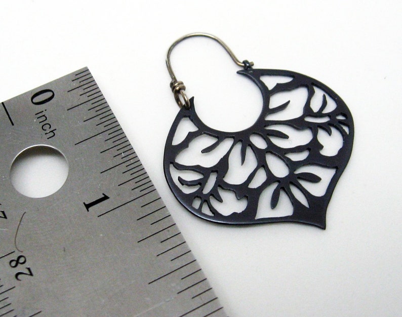 Black copper earrings with japanese floral pattern sterling silver hooks image 2