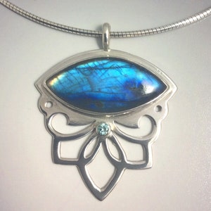 Shocking Blue Labradorite and Blue Zircon Flashy Floral Lotus and Swirl Pendant in Sterling Silver image 2