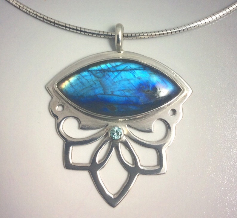 Shocking Blue Labradorite and Blue Zircon Flashy Floral Lotus and Swirl Pendant in Sterling Silver image 2