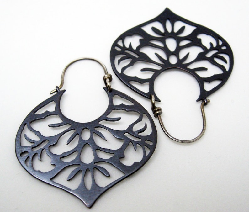 Black copper earrings with japanese floral pattern sterling silver hooks image 4