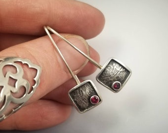 Sterling silver and ruby lace square drop earrings