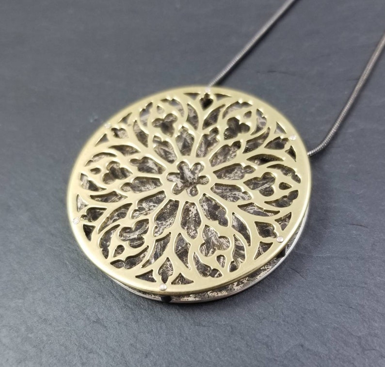 Cathedral Gothic Rose Window Layered Brass and Sterling Silver Pendant with spacer rivets image 1