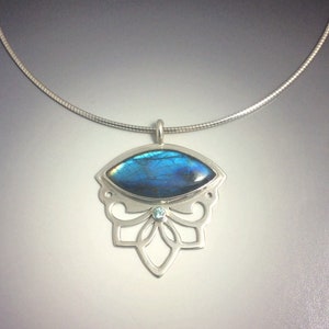 Shocking Blue Labradorite and Blue Zircon Flashy Floral Lotus and Swirl Pendant in Sterling Silver image 7