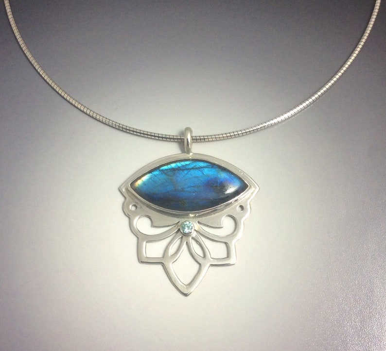 Shocking Blue Labradorite and Blue Zircon Flashy Floral Lotus and Swirl Pendant in Sterling Silver image 7