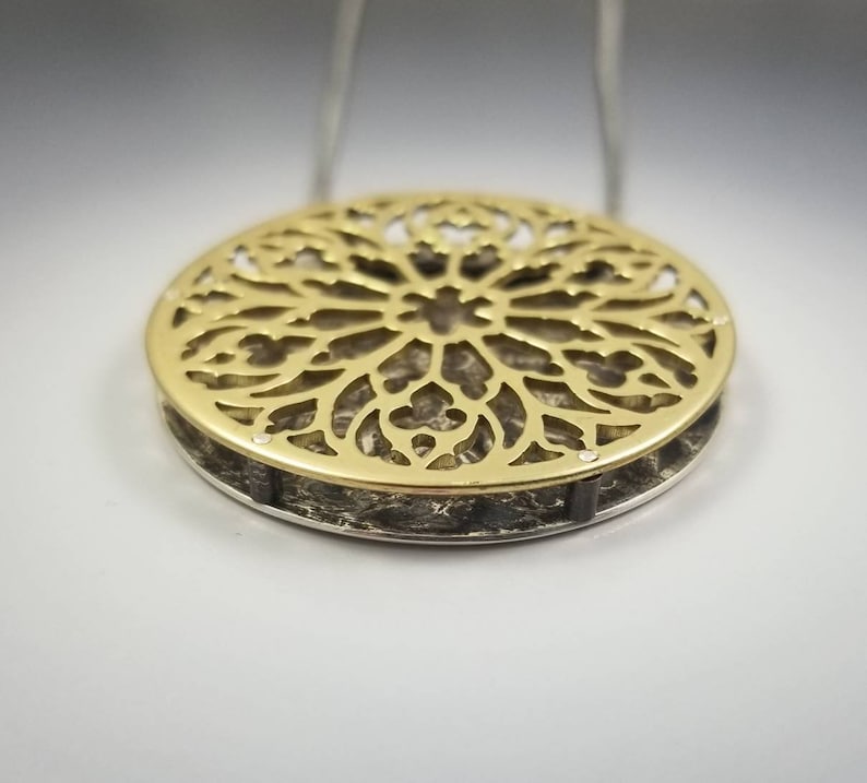 Cathedral Gothic Rose Window Layered Brass and Sterling Silver Pendant with spacer rivets image 6