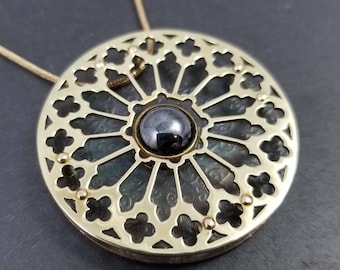 Medieval Rosette Gothic Window Hematite Pendant in Brass and Patterned Copper Layered mixed metals