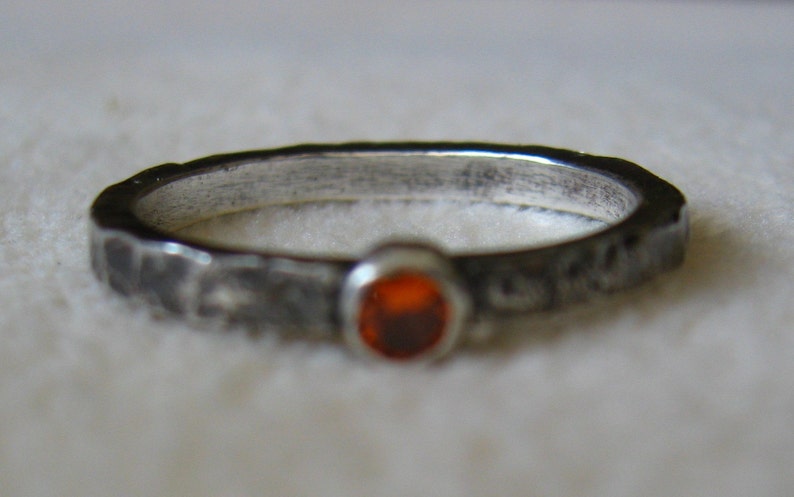 Distressed sterling silver stacking ring with orange cubic zirconia or your choice of stone made to order image 3