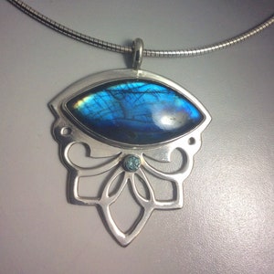 Shocking Blue Labradorite and Blue Zircon Flashy Floral Lotus and Swirl Pendant in Sterling Silver image 6