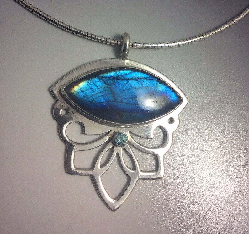 Shocking Blue Labradorite and Blue Zircon Flashy Floral Lotus and Swirl Pendant in Sterling Silver image 6