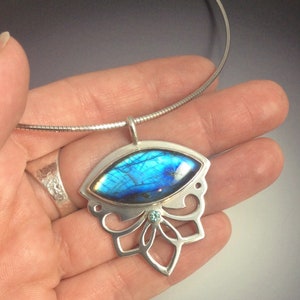 Shocking Blue Labradorite and Blue Zircon Flashy Floral Lotus and Swirl Pendant in Sterling Silver image 4