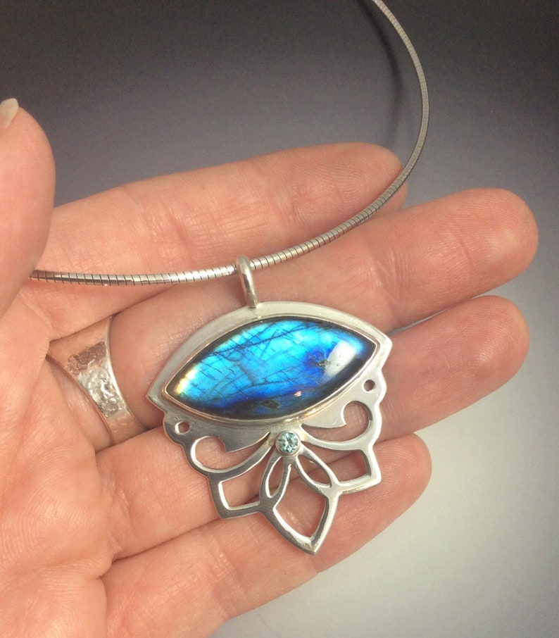 Shocking Blue Labradorite and Blue Zircon Flashy Floral Lotus and Swirl Pendant in Sterling Silver image 4