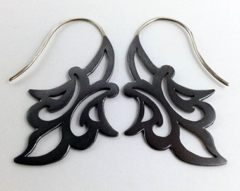 Black copper earrings with arabesque floral pattern sterling silver hooks