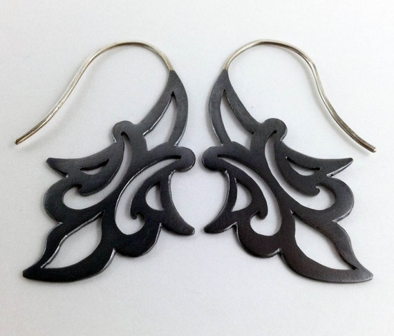 Black Copper Earrings With Arabesque Floral Pattern Sterling Silver Hooks Etsy Canada