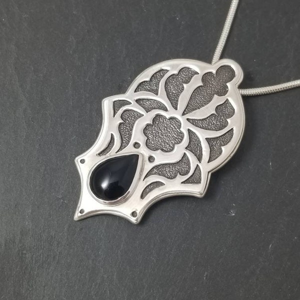 Sterling Silver and Black Onyx Gothic Architectural Pendant