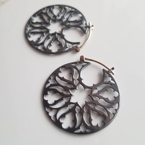 Gothic Rose Window Hoop Earrings in blackened charcoal gray copper patina or shiny golden brass