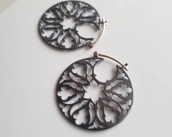 Gothic Rose Window Hoop Earrings in blackened charcoal gray copper patina or shiny golden brass