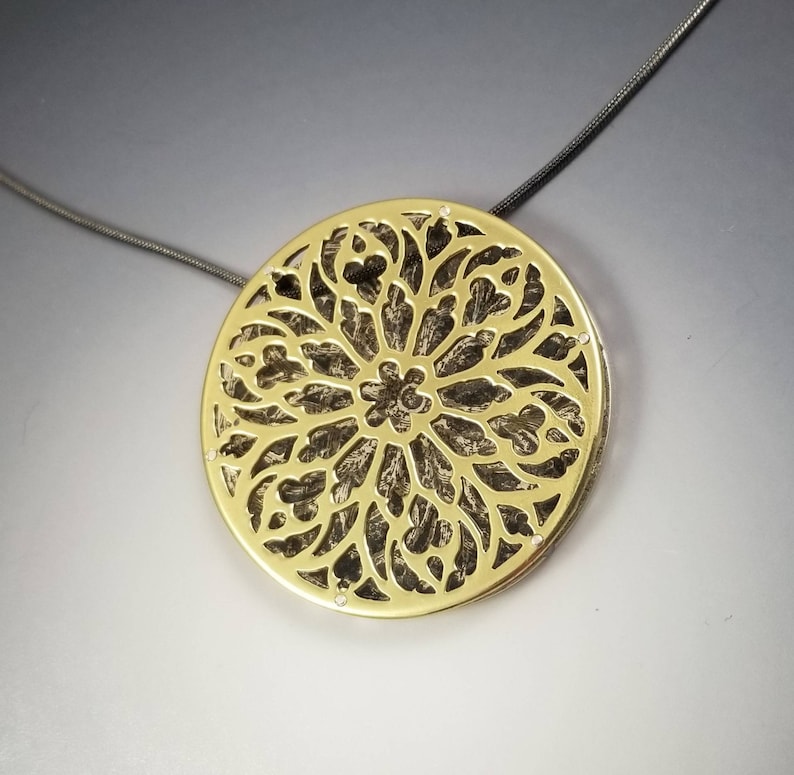 Cathedral Gothic Rose Window Layered Brass and Sterling Silver Pendant with spacer rivets image 2