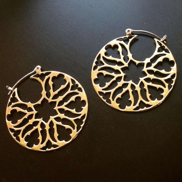 Gothic Rose Window Brass Hoop Earrings