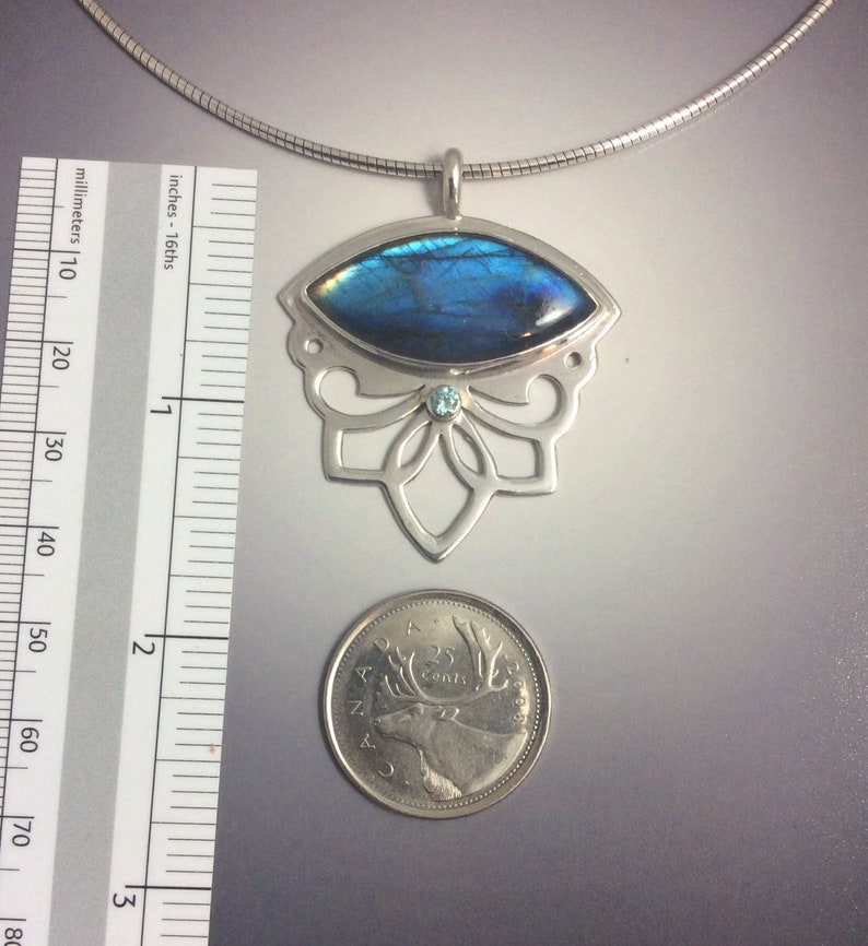 Shocking Blue Labradorite and Blue Zircon Flashy Floral Lotus and Swirl Pendant in Sterling Silver image 5