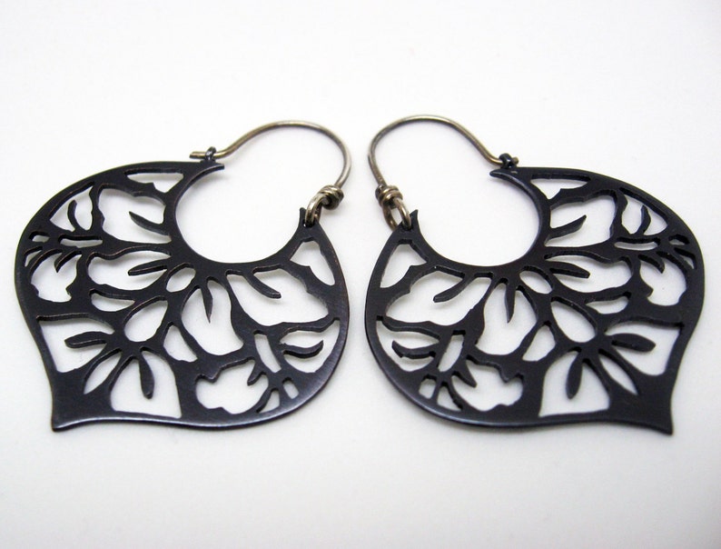 Black copper earrings with japanese floral pattern sterling silver hooks image 5