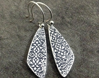 Handmade arabesque patterned sterling silver earrings dangle blackened silver