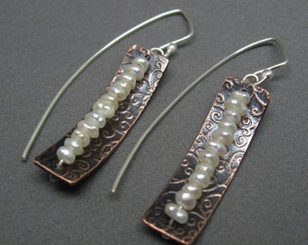 Freshwater pearl and copper swirl and sterling silver textured patterned earrings