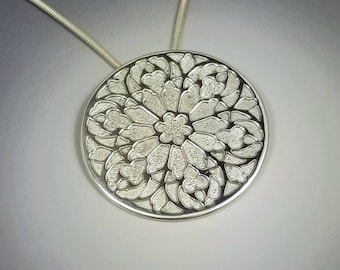 Exquisite gothic cathedral rose window pendant in sterling silver