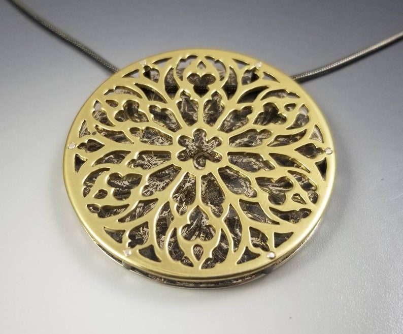 Cathedral Gothic Rose Window Layered Brass and Sterling Silver Pendant with spacer rivets image 3