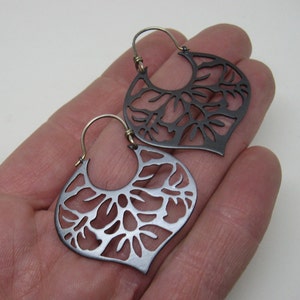 Black copper earrings with japanese floral pattern sterling silver hooks image 3