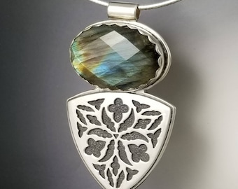 Gothic trillion labradorite necklace with omega chain sterling silver medieval architecture