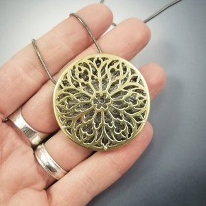 Cathedral Gothic Rose Window Layered Brass and Sterling Silver Pendant with spacer rivets image 4
