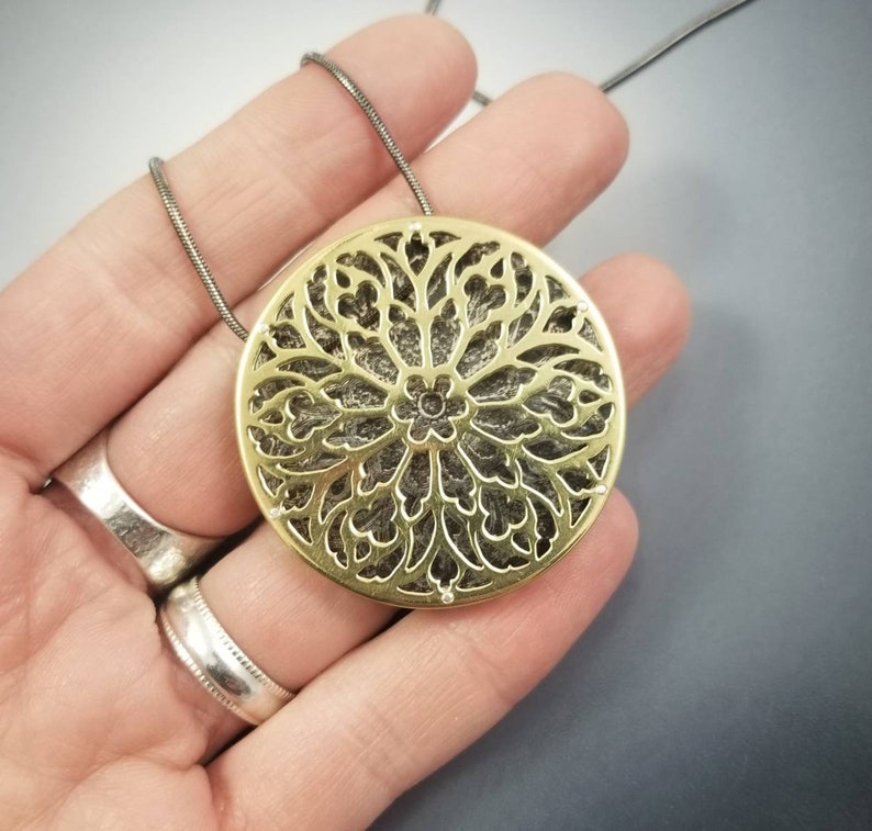 Cathedral Gothic Rose Window Layered Brass and Sterling Silver Pendant with spacer rivets image 4