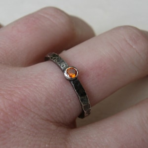Distressed sterling silver stacking ring with orange cubic zirconia or your choice of stone made to order image 1