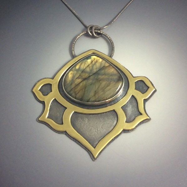 Golden Labradorite Lotus Pendant in Sterling Silver and brass